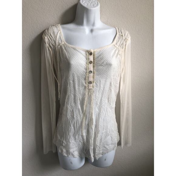 EUC Sun Light White Sheer Polka Dot with Shoulder Ties Long Sleeve Blouse Size 1 - Picture 1 of 4
